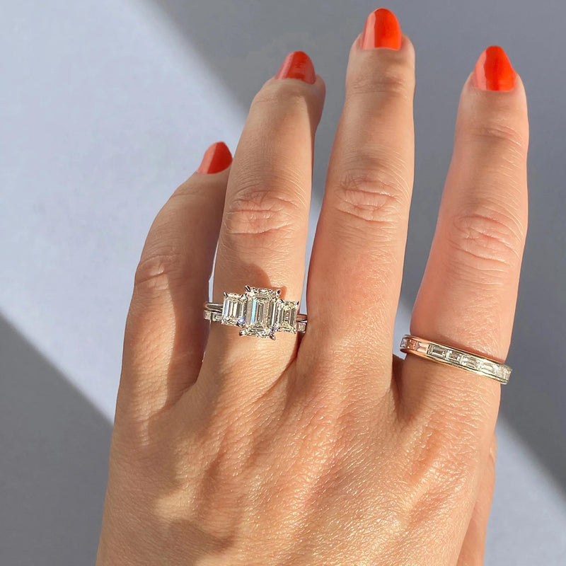 4.5 Ct Emerald Three Stones Moissanite Diamond Engagement Ring