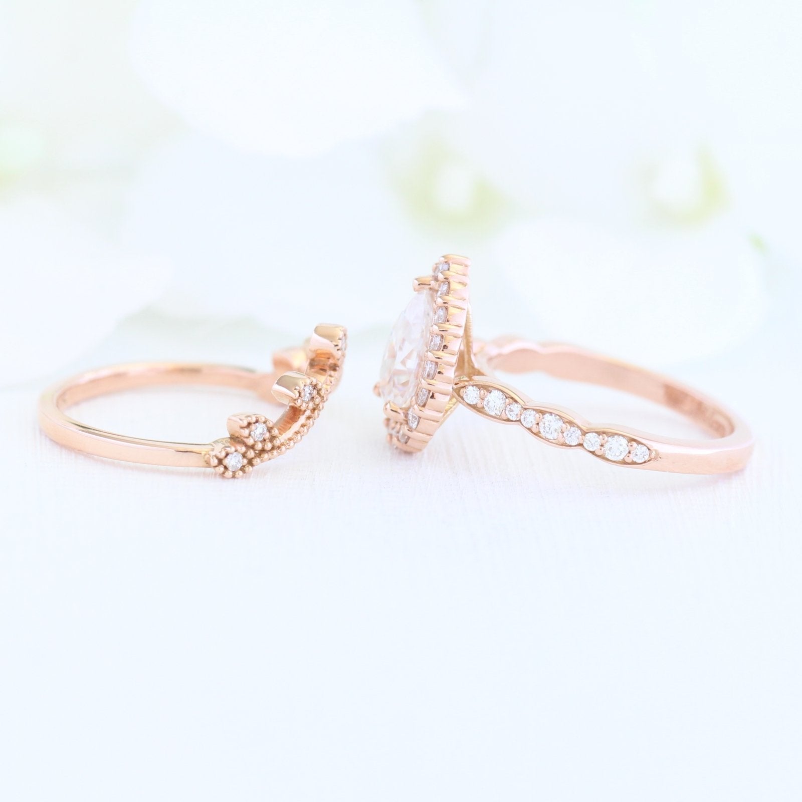 1.50CT Pear Cut Moissanite Halo Bridal Ring Set