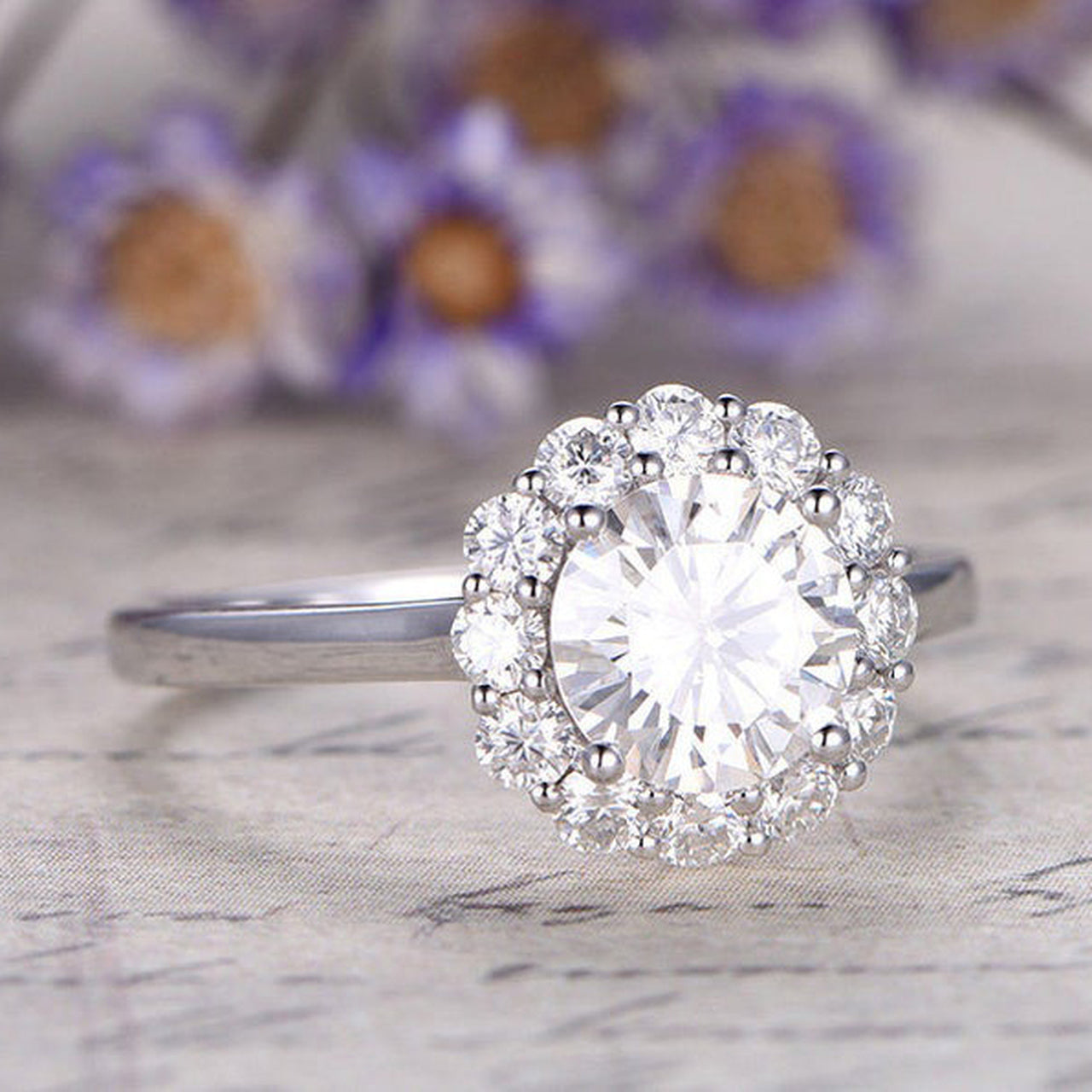 1.25CT Floral Round Brilliant Cut Halo Moissanite Engagement Ring