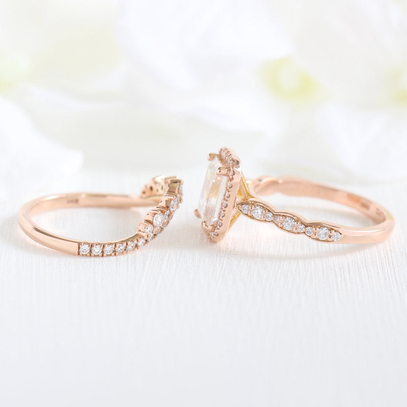 1.60CT Emerald Cut Moissanite Halo Bridal Ring Set