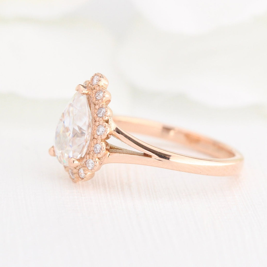 1.50CT Pear Cut Moissanite Halo Split Shank Style Engagement Ring