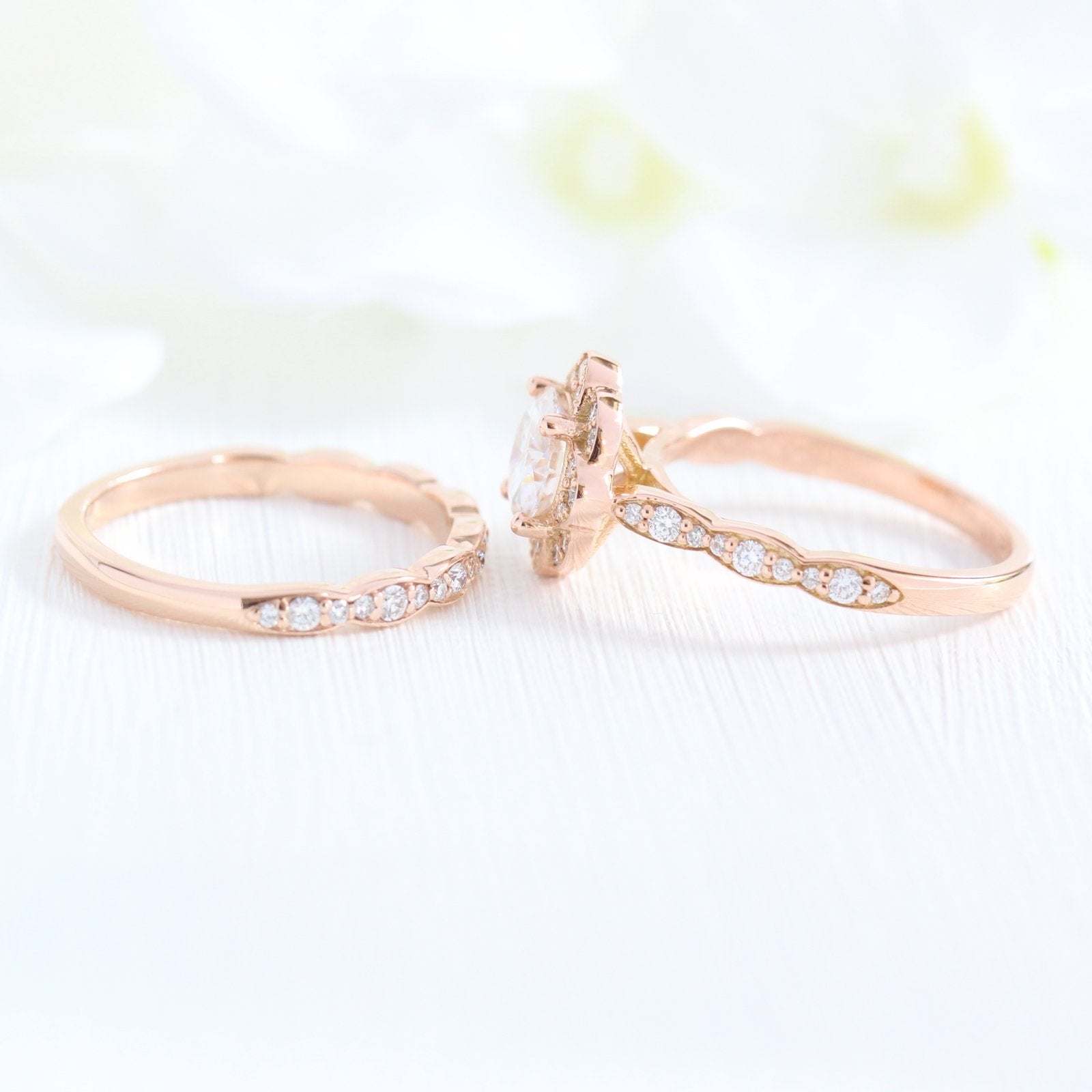 1.0CT Round Cut Moissanite Halo Bridal Ring Set