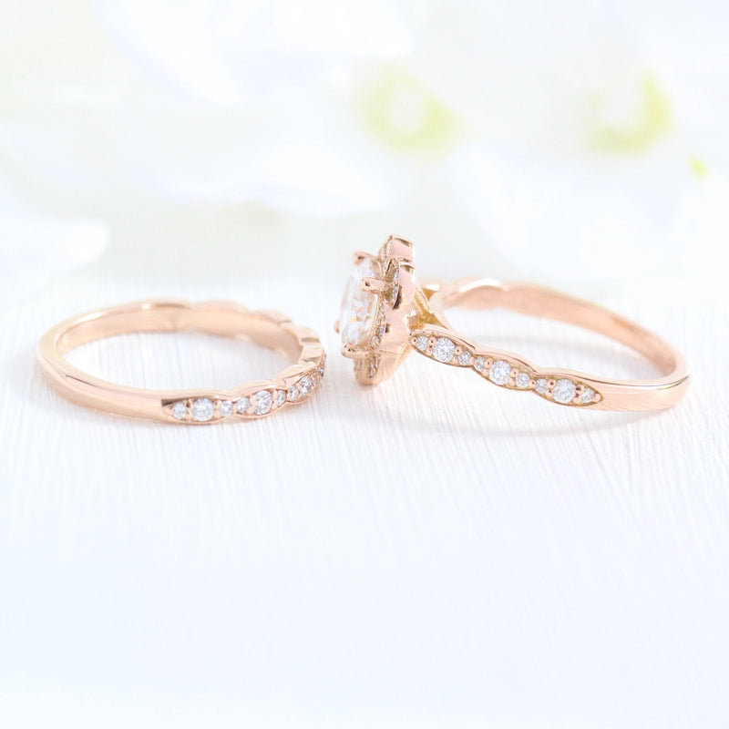 1.0CT Round Cut Moissanite Halo Bridal Ring Set