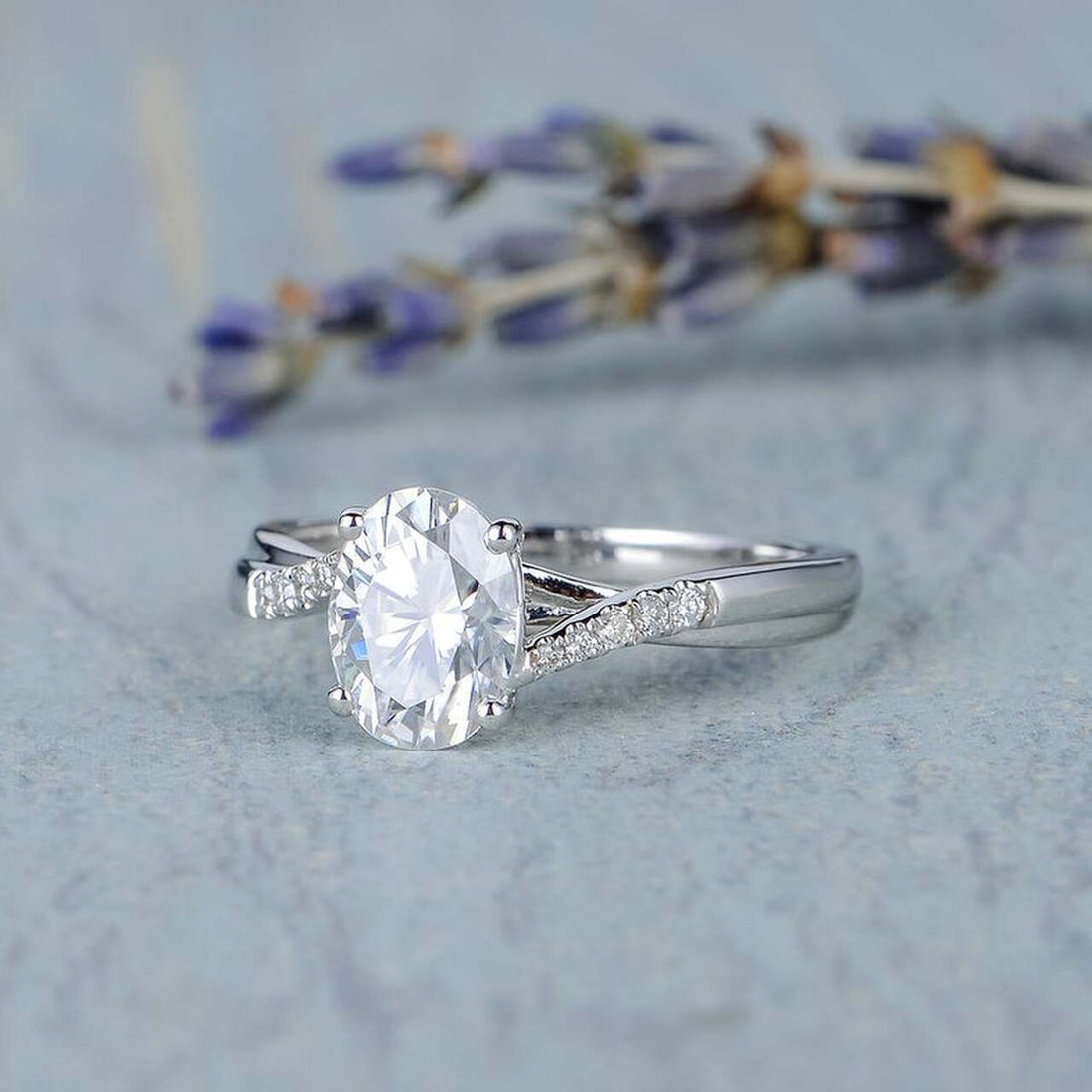 1.50CT Oval Cut Cross Over Pave Style Moissanite Engagement Ring