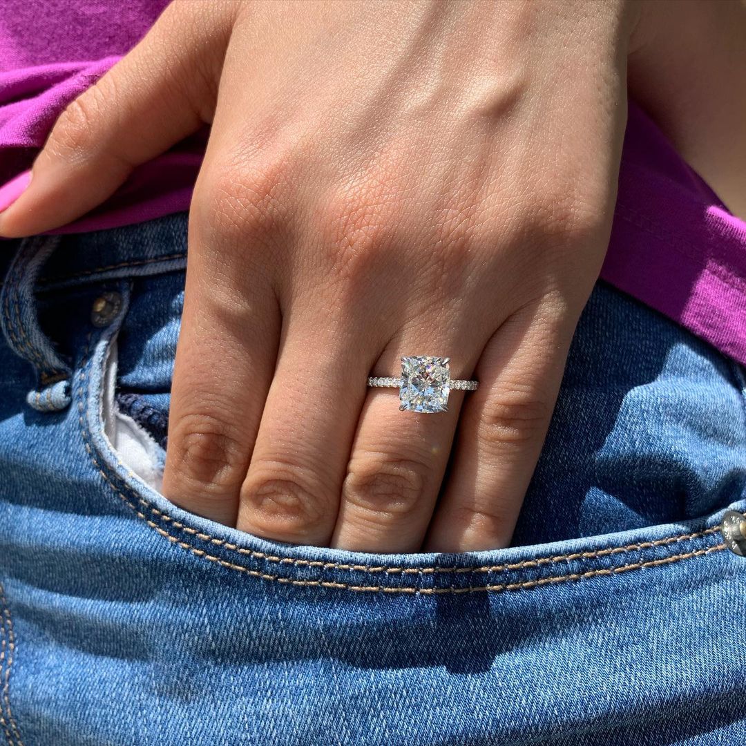 1.50CT Cushion Cut Pave Style Moissanite Engagement Ring