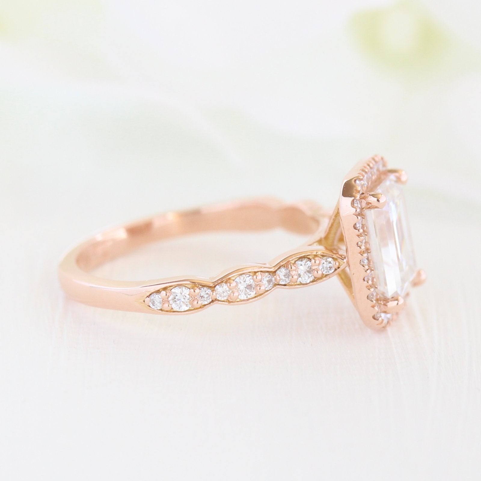 1.60CT Emerald Cut Moissanite Halo Engagement Ring