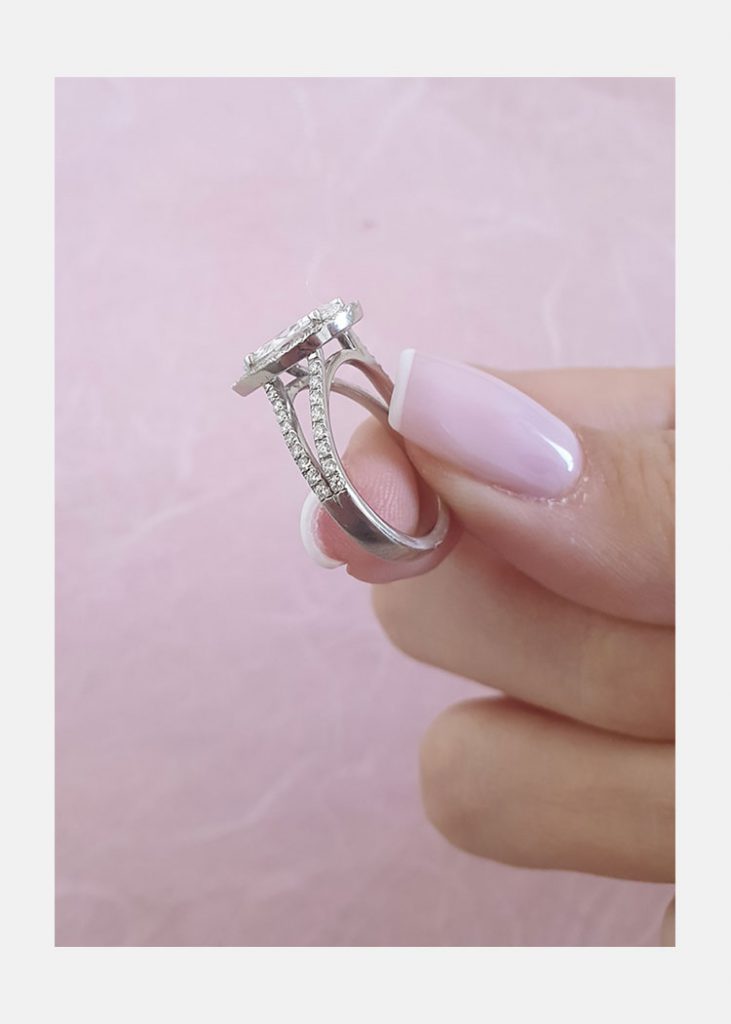 2.0ct Pear Cut Moissanite Halo Split Shank Engagement Ring