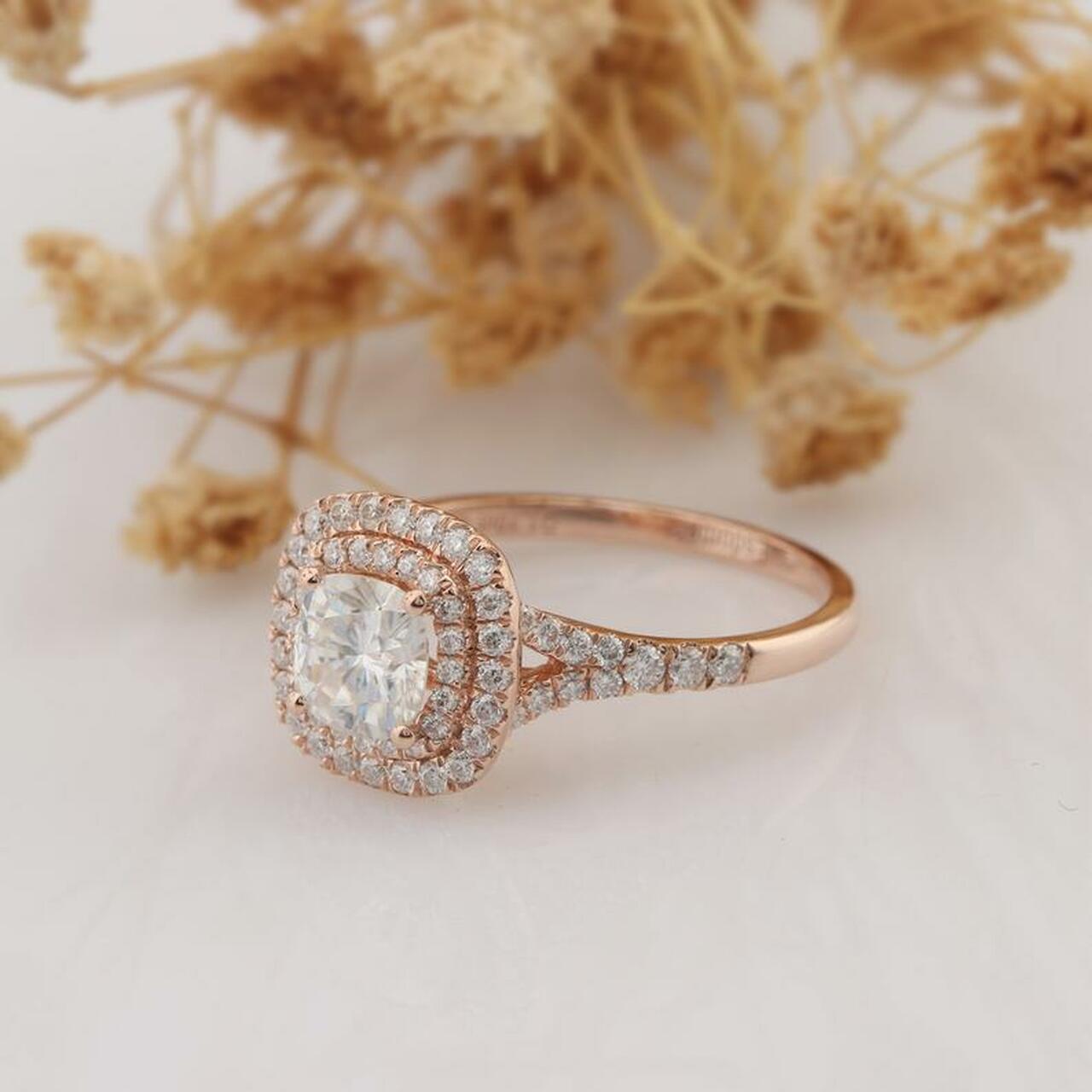 1.0CT Cushion Cut Double Halo Moissanite Diamond Engagement Ring