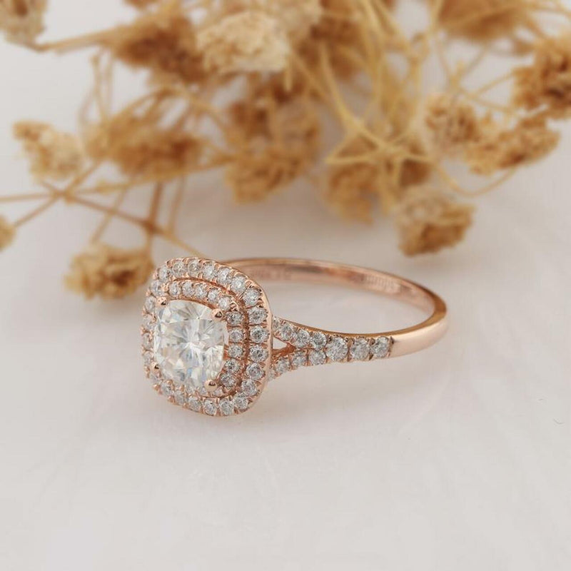 1.0CT Cushion Cut Double Halo Moissanite Diamond Engagement Ring