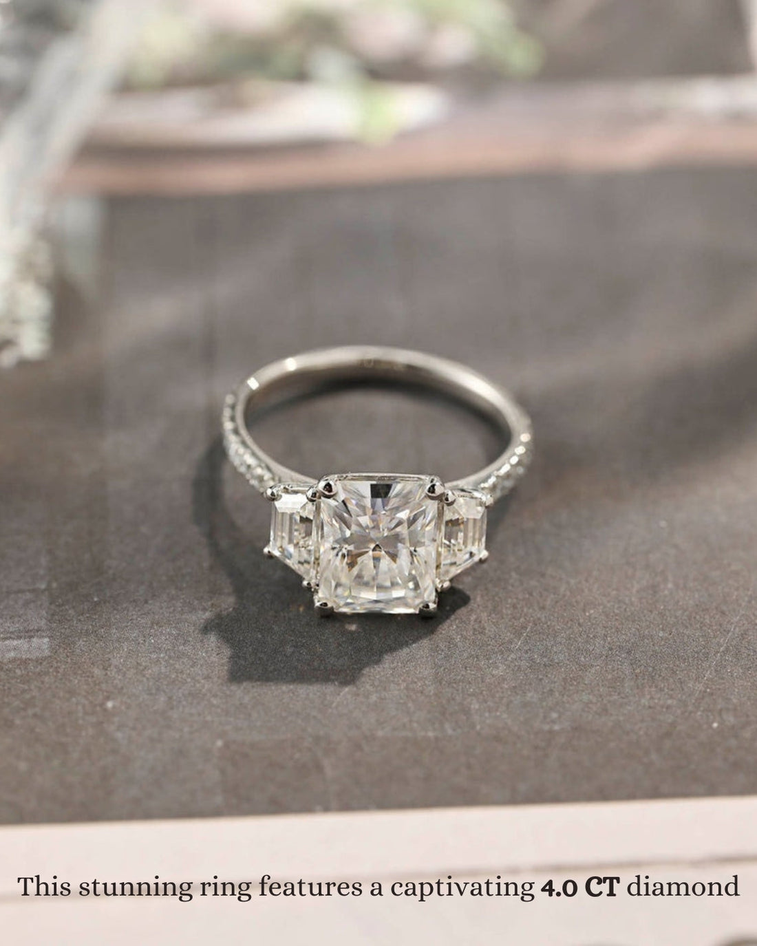2.0-4.0 CT Radiant G/VS2 CVD Diamond Three Stone Style Engagement Ring