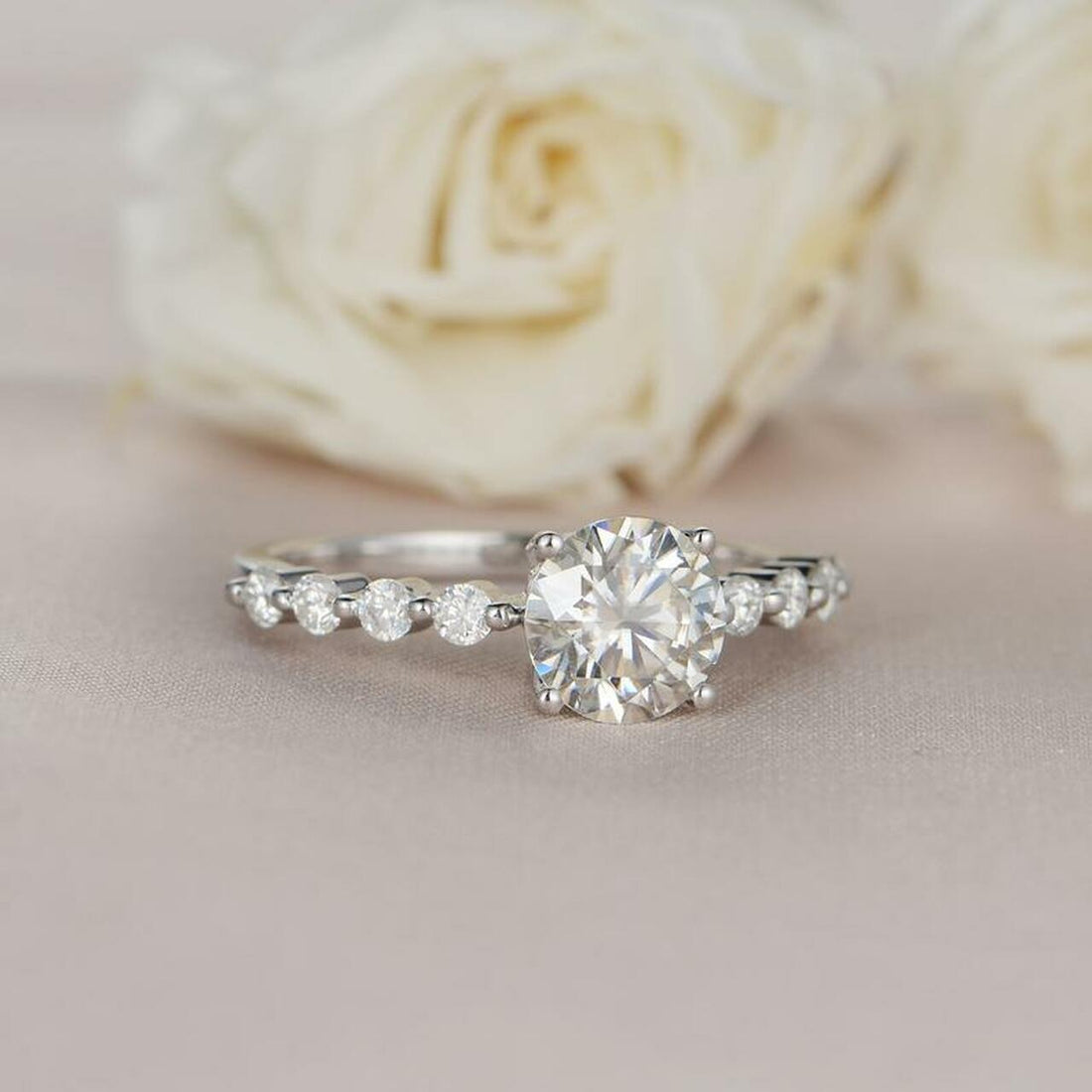 1.0CT Round Brilliant Cut Pave Style Moissanite Engagement Ring
