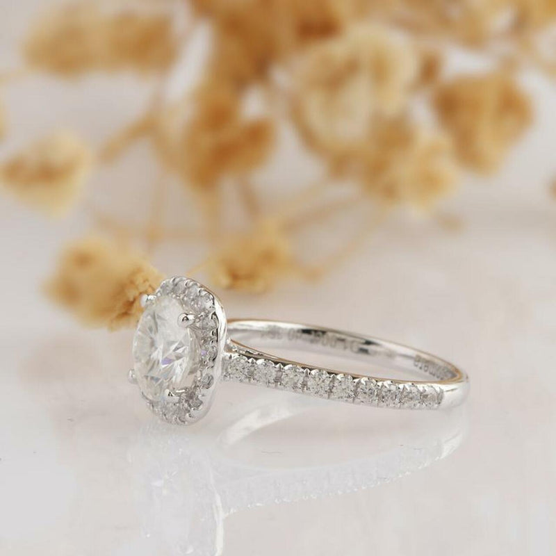 1.0CT Round Brilliant Cut Halo Style Moissanite Engagement Ring
