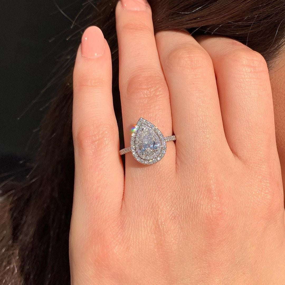 2.10CT Pear Cut Moissanite Halo Engagement Ring