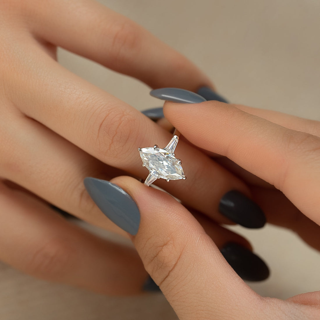 2.0 - 4.0 CT Marquise Cut CVD Diamond Three Stone Style Engagement Ring
