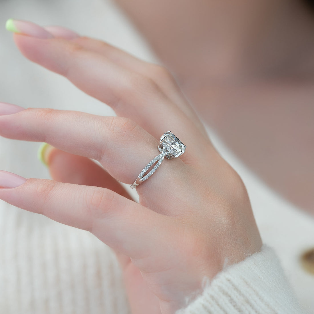 2.0 - 4.0 CT Elongated Cushion Cut CVD Diamond Twisted Pave Style Engagement Ring