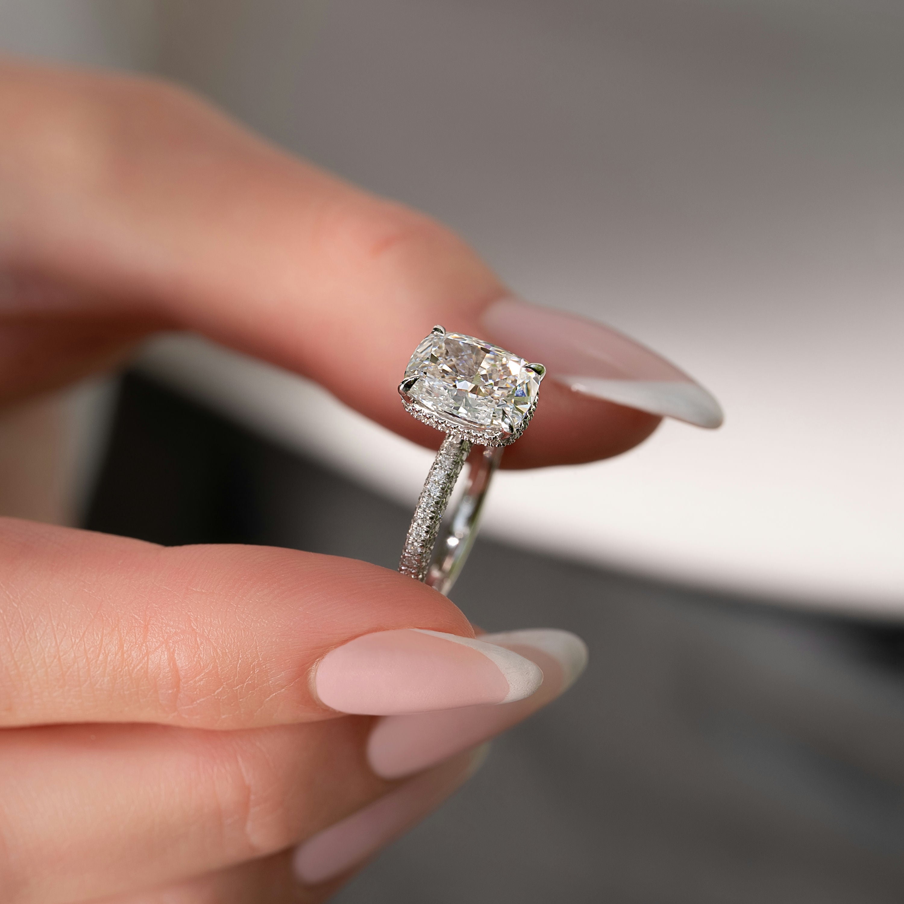 2.0 - 4.0 CT Elongated Cushion Cut CVD Diamond Hidden Halo & Pave Style Engagement Ring