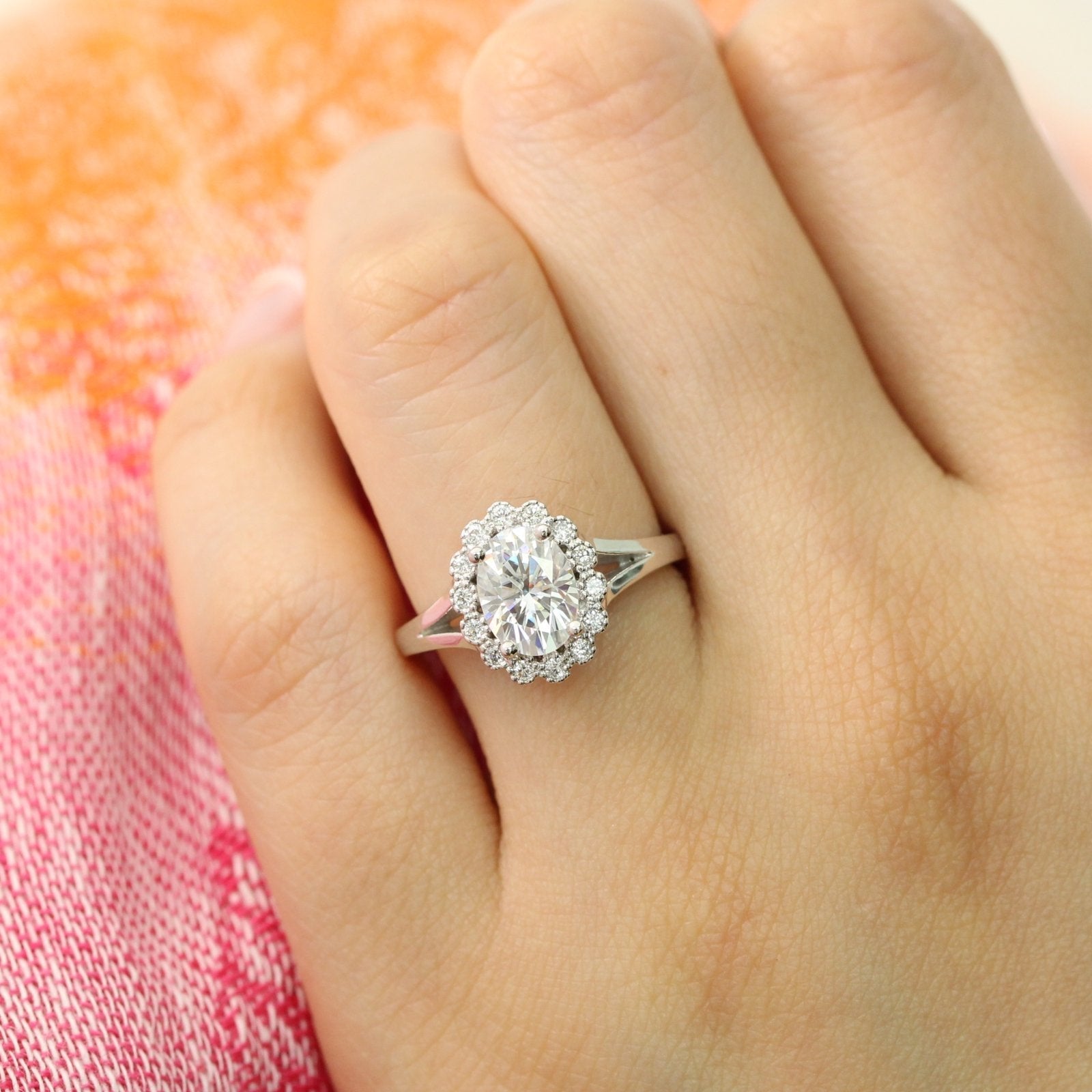 1.50CT Oval Cut Moissanite Halo Split Shank Style Engagement Ring