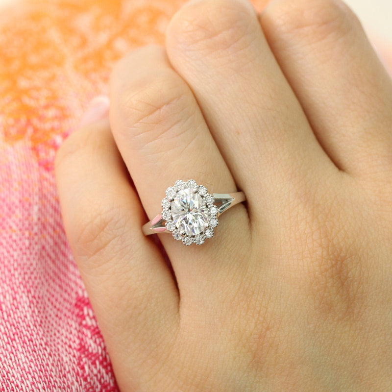1.50CT Oval Cut Moissanite Halo Split Shank Style Engagement Ring