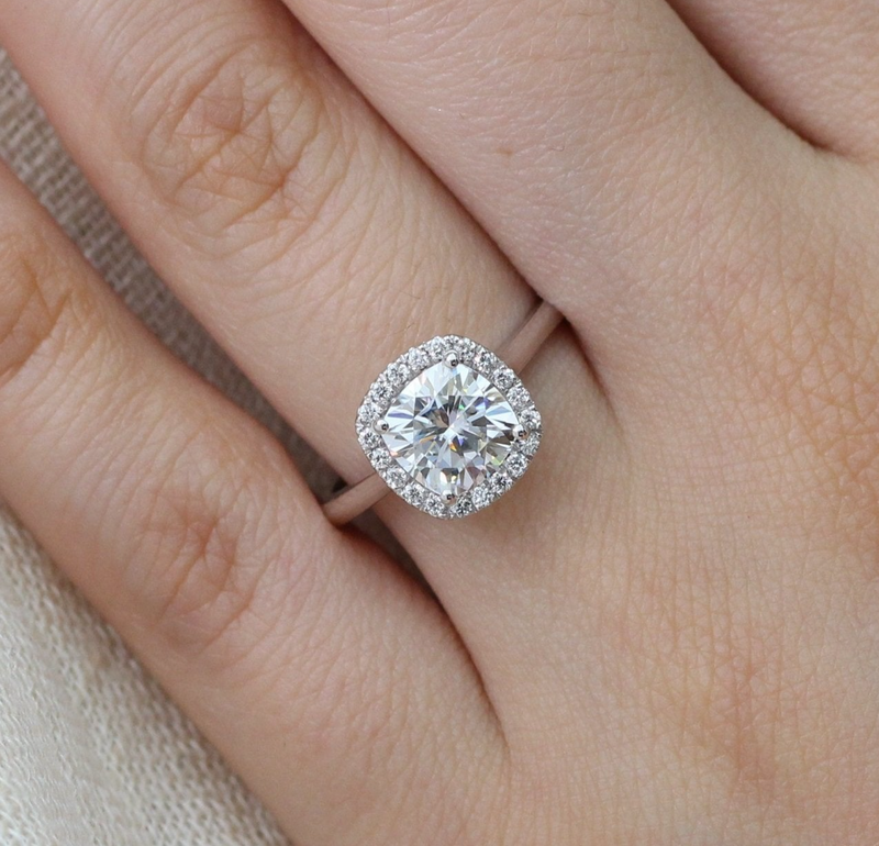 1.65CT Cushion Cut Moissanite Halo Engagement Ring