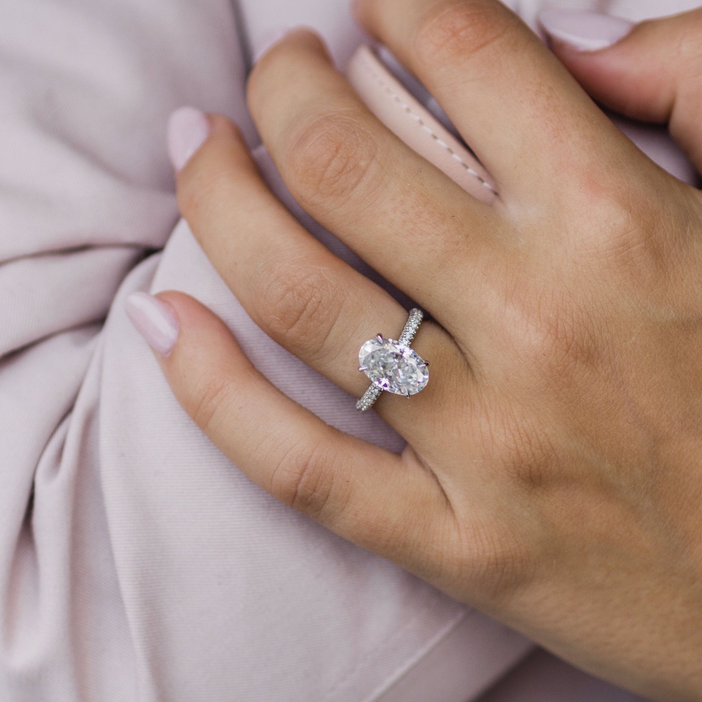 3.40CT Oval Moissanite Hidden Halo Triple Pave Setting Engagement Ring