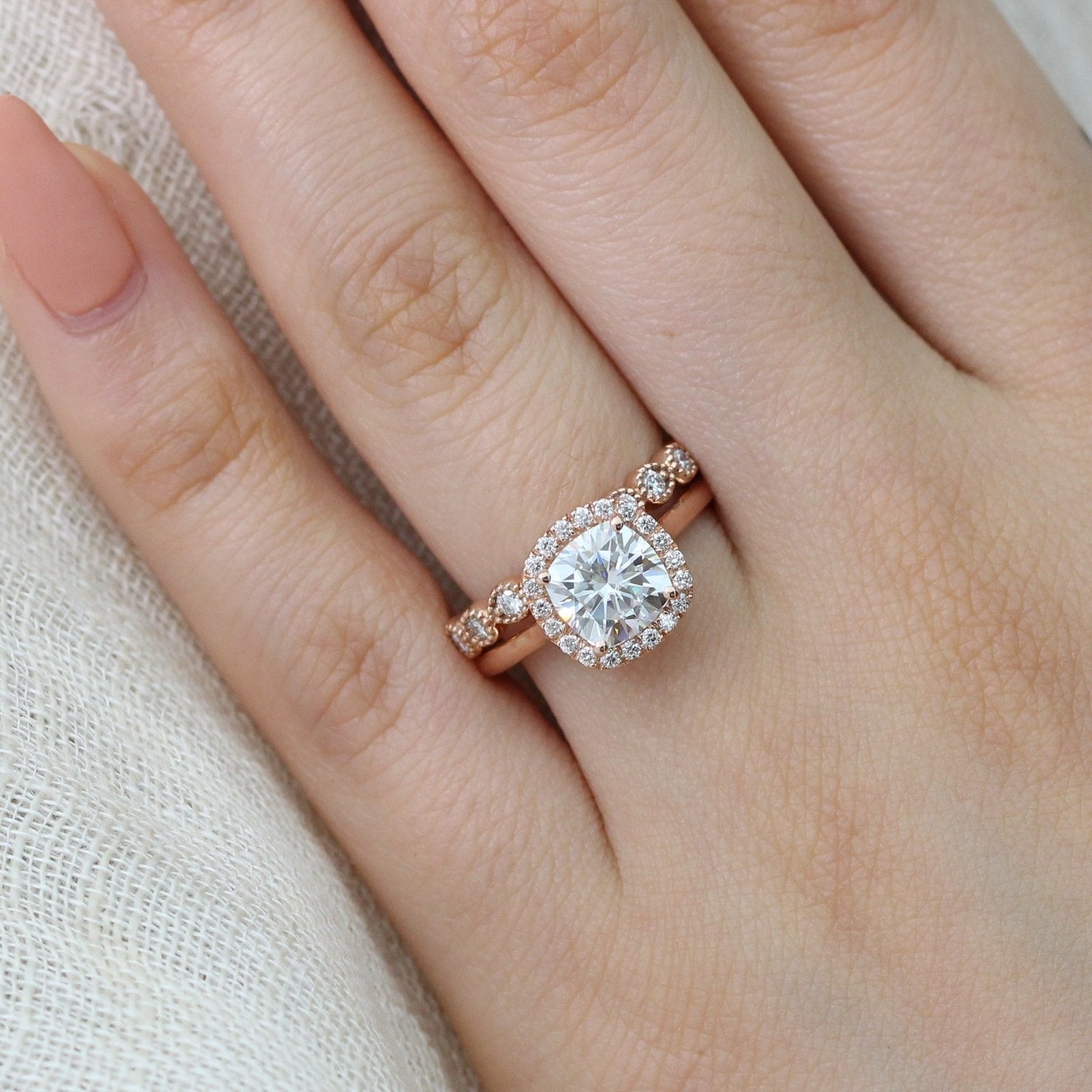 2.30CT Cushion Cut Moissanite Halo Bridal Ring Set