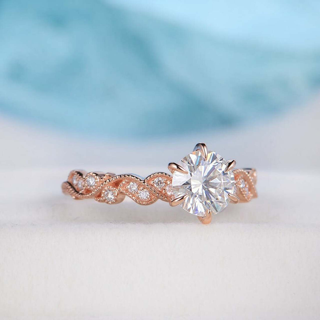 1.0CT Round Cut Art Deco Pave Style Moissanite Engagement Ring