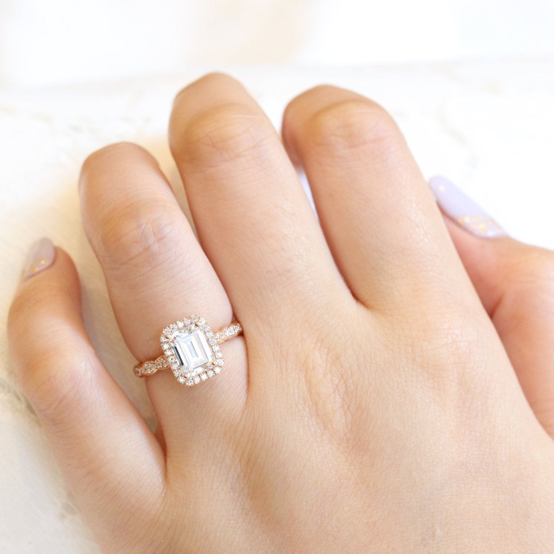 1.60CT Emerald Cut Moissanite Halo Engagement Ring