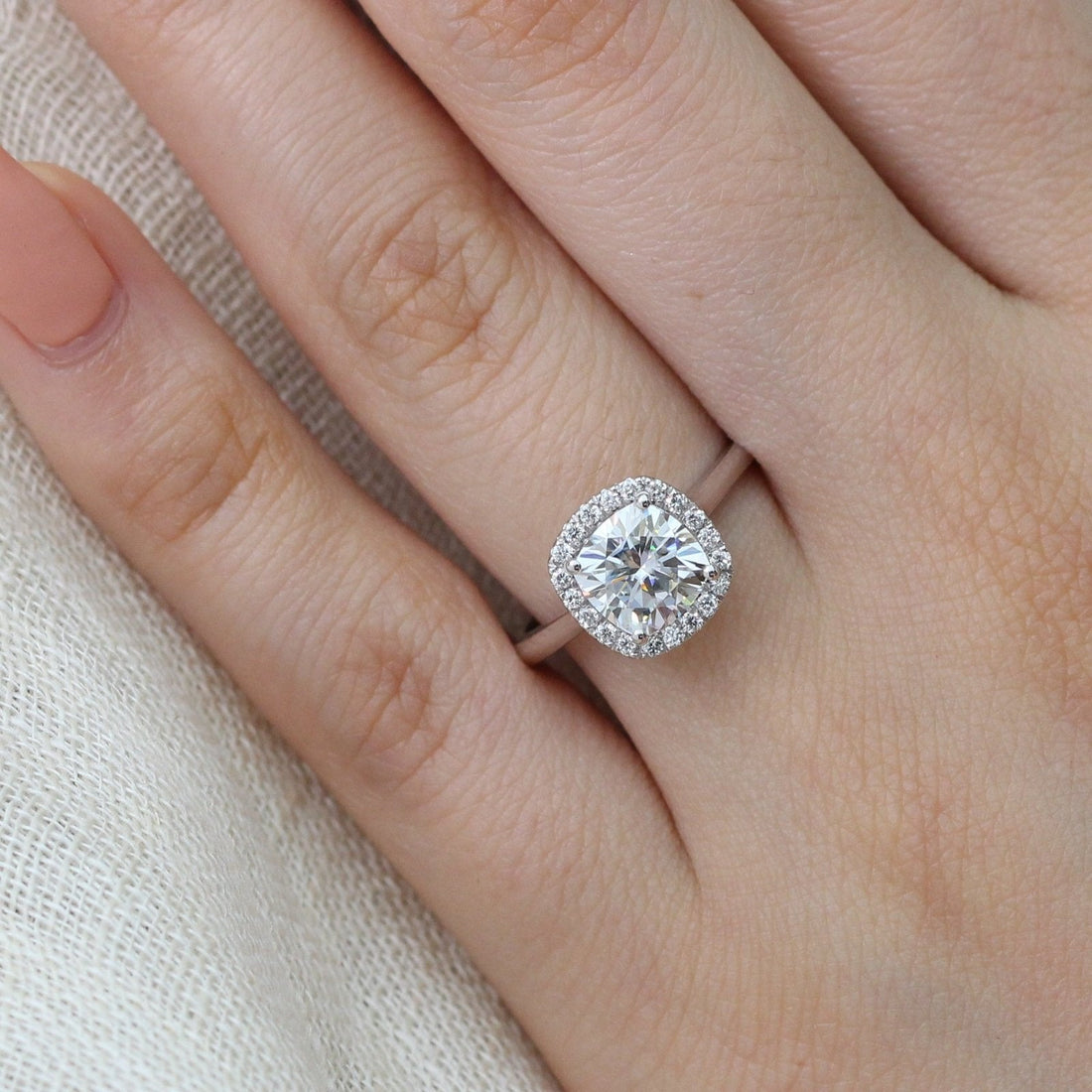 1.65CT Cushion Cut Moissanite Halo Engagement Ring