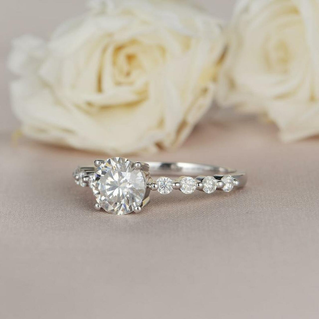 1.0CT Round Brilliant Cut Pave Style Moissanite Engagement Ring