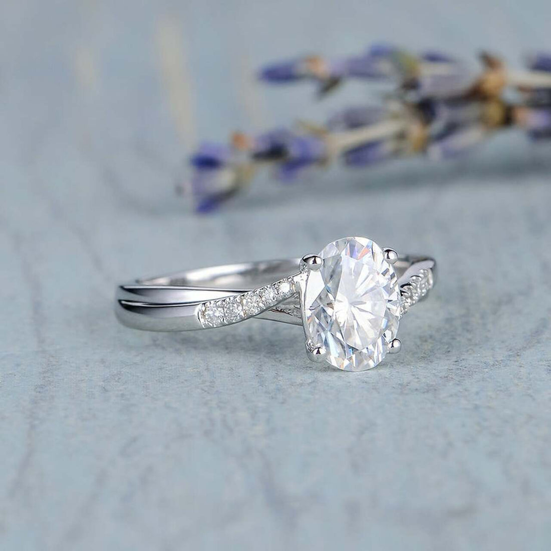 1.50CT Oval Cut Cross Over Pave Style Moissanite Engagement Ring