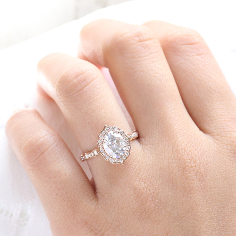 2.0CT Oval Cut Moissanite Vintage Halo Engagement Ring