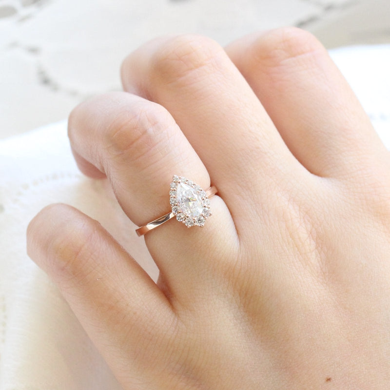 1.0CT Pear Cut Halo Style Moissanite Engagement Ring