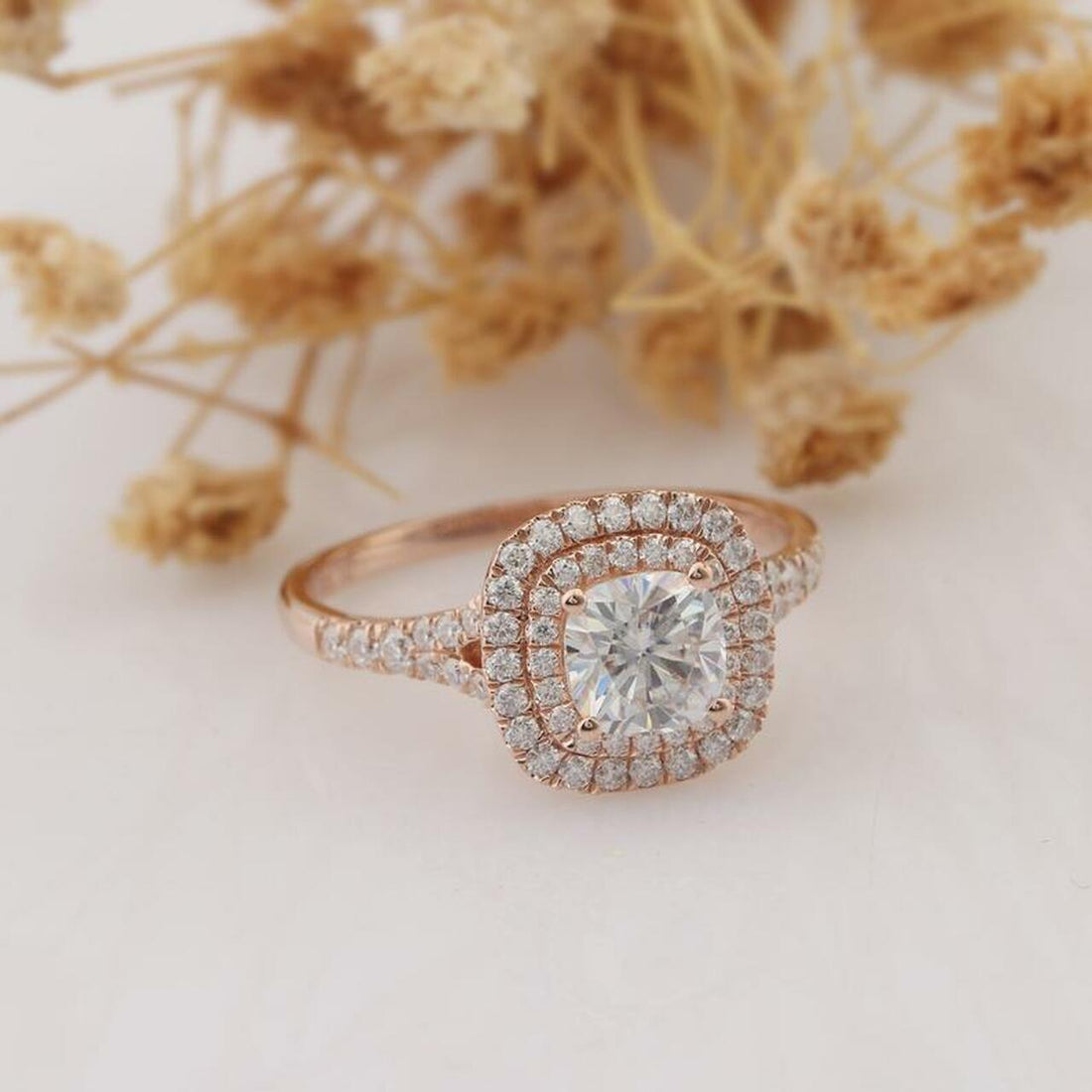 1.0CT Cushion Cut Double Halo Moissanite Diamond Engagement Ring