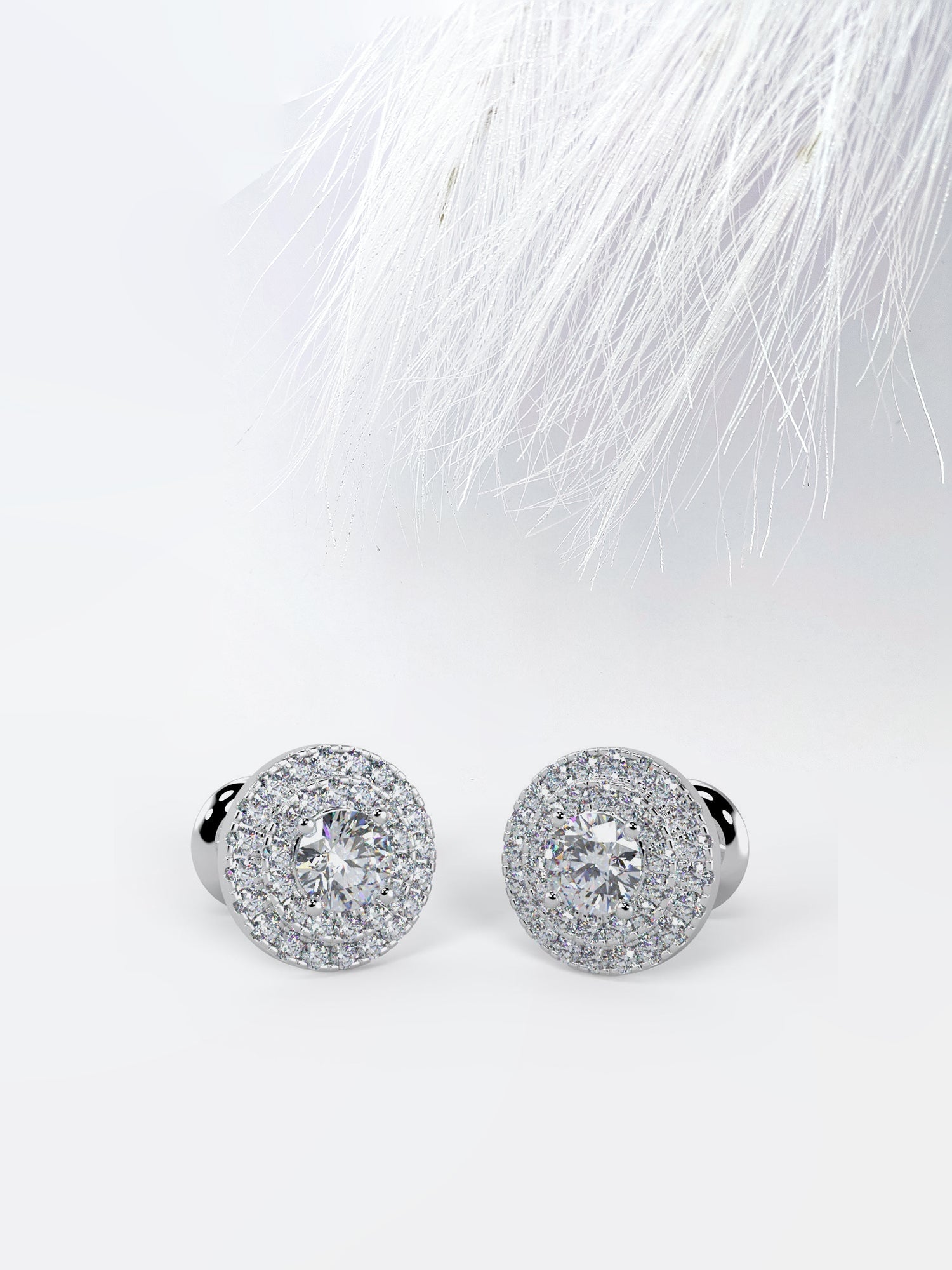 Round Cut Moissanite Double Halo Diamond Earrings in White Gold