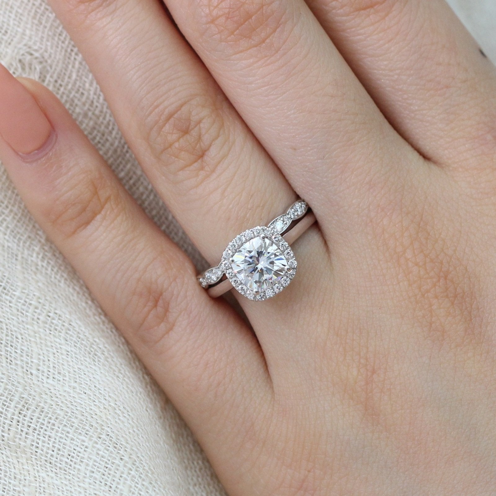 1.65CT Cushion Cut Moissanite Halo Bridal Ring Set