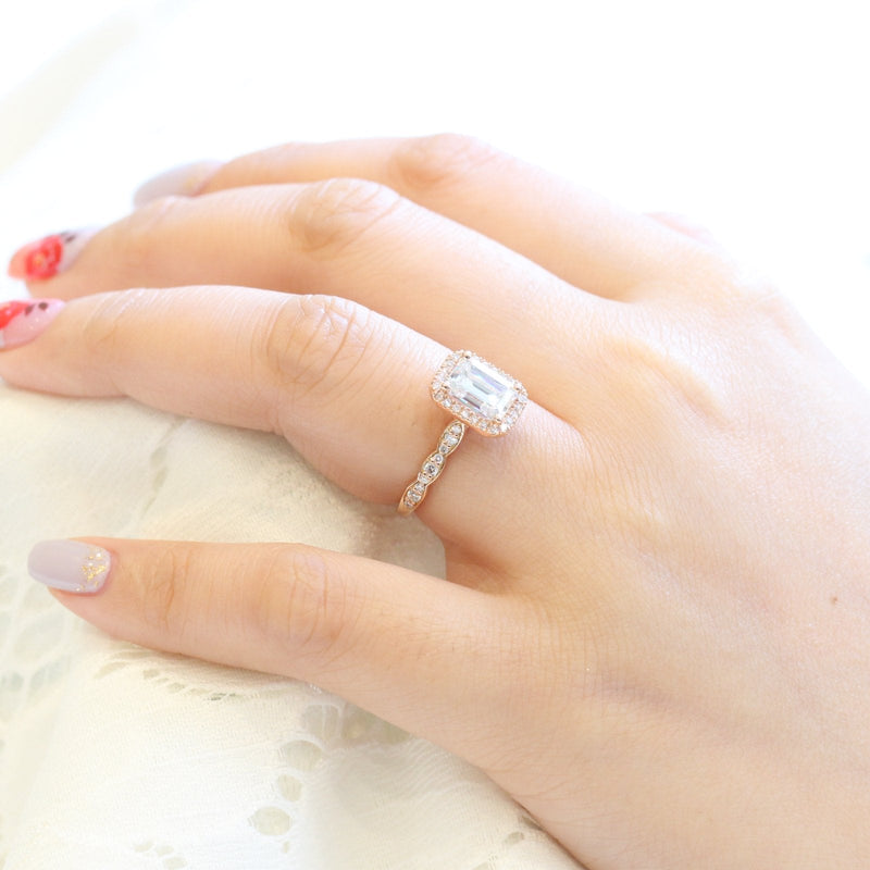 1.60CT Emerald Cut Moissanite Halo Engagement Ring