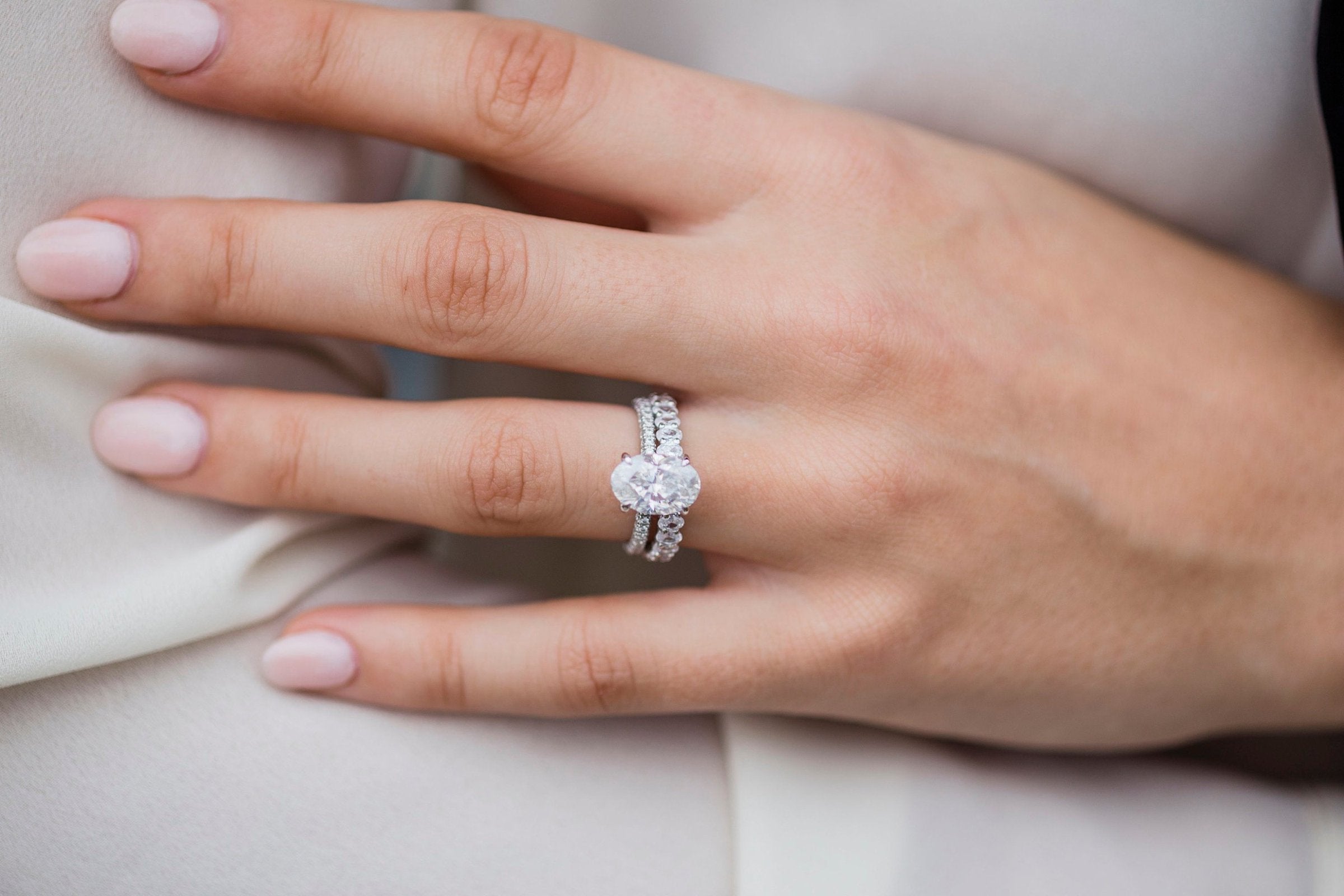 3.0CT Oval Moissanite Hidden Halo Triple Pave Engagement Ring