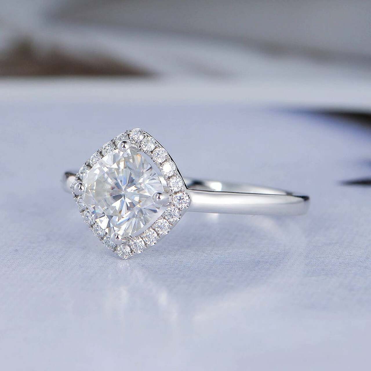 1.0CT Cushion Cut Halo Style Moissanite Diamond Engagement Ring