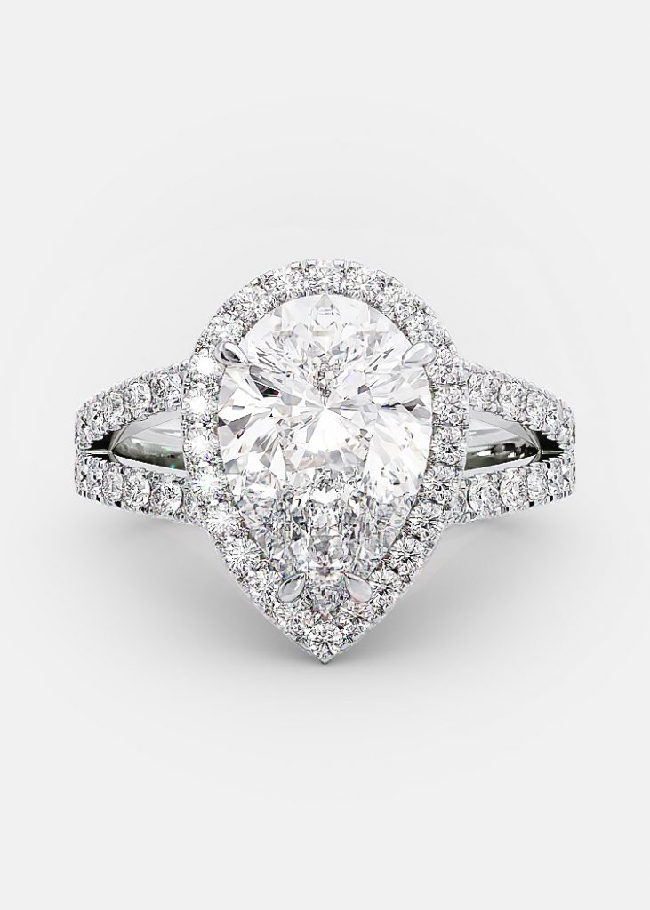 2.0ct Pear Cut Moissanite Halo Split Shank Engagement Ring