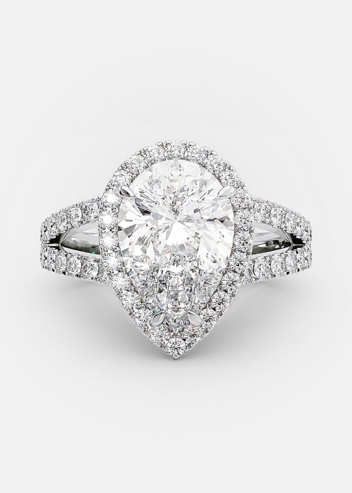 2.0ct Pear Cut Moissanite Halo Split Shank Engagement Ring