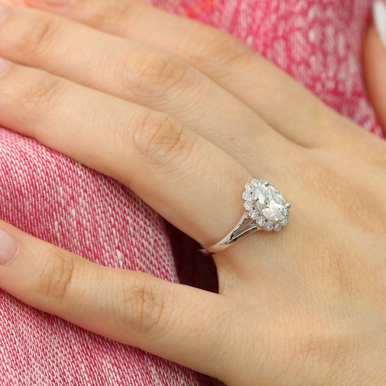 1.50CT Oval Cut Moissanite Halo Split Shank Style Engagement Ring