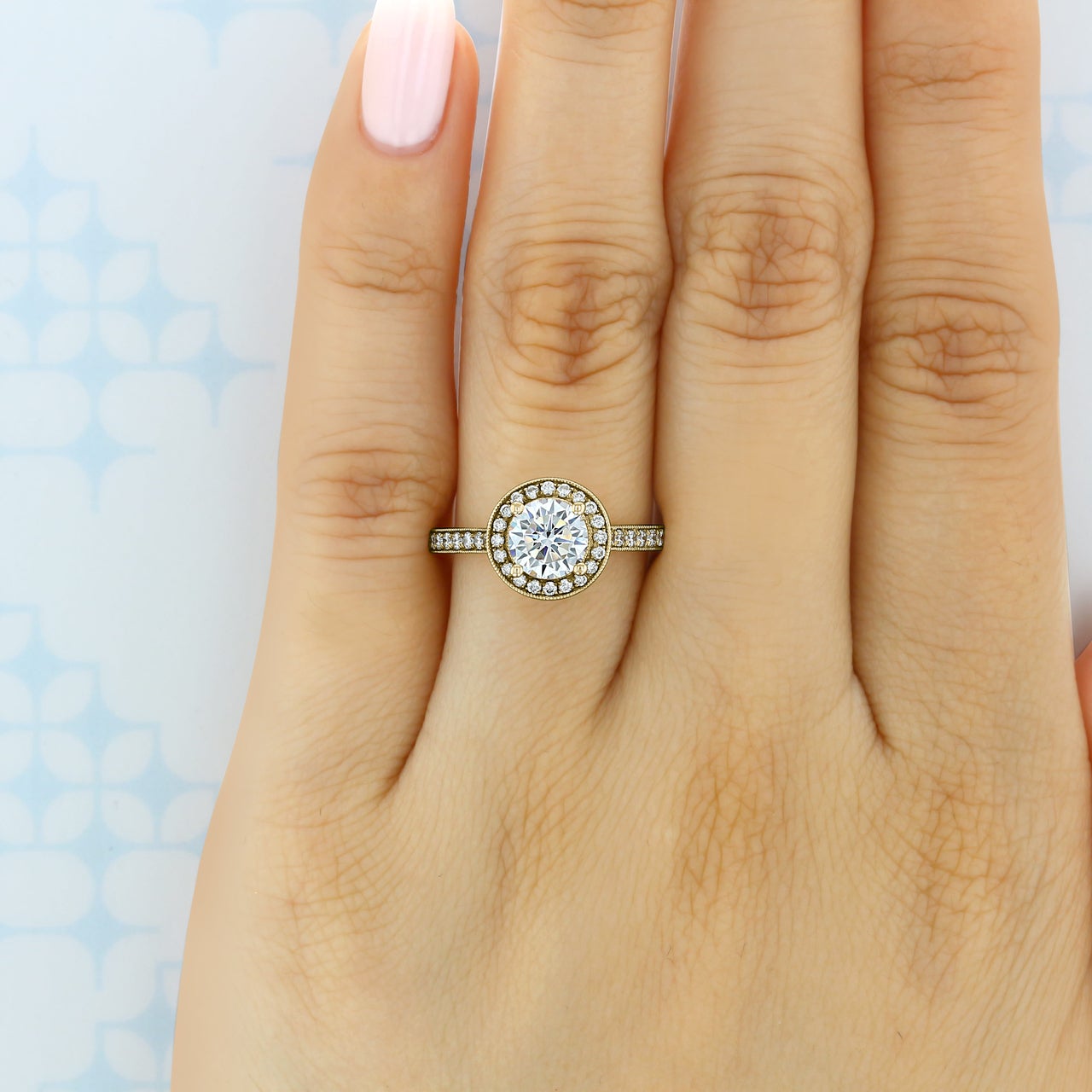 1.0CT Round Cut Channel Halo Moissanite Engagement Ring