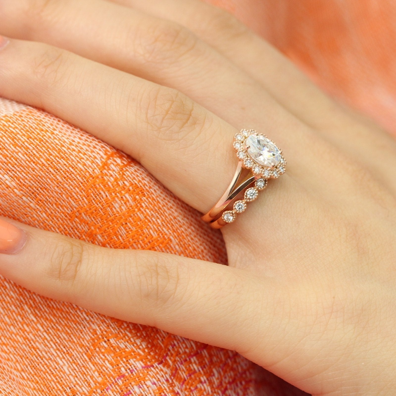 1.56 Ct Oval Cut Moissanite Halo Bridal Ring Set