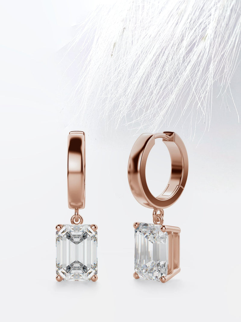 Emerald Cut Moissanite Drop Diamond Earrings in 18K Gold