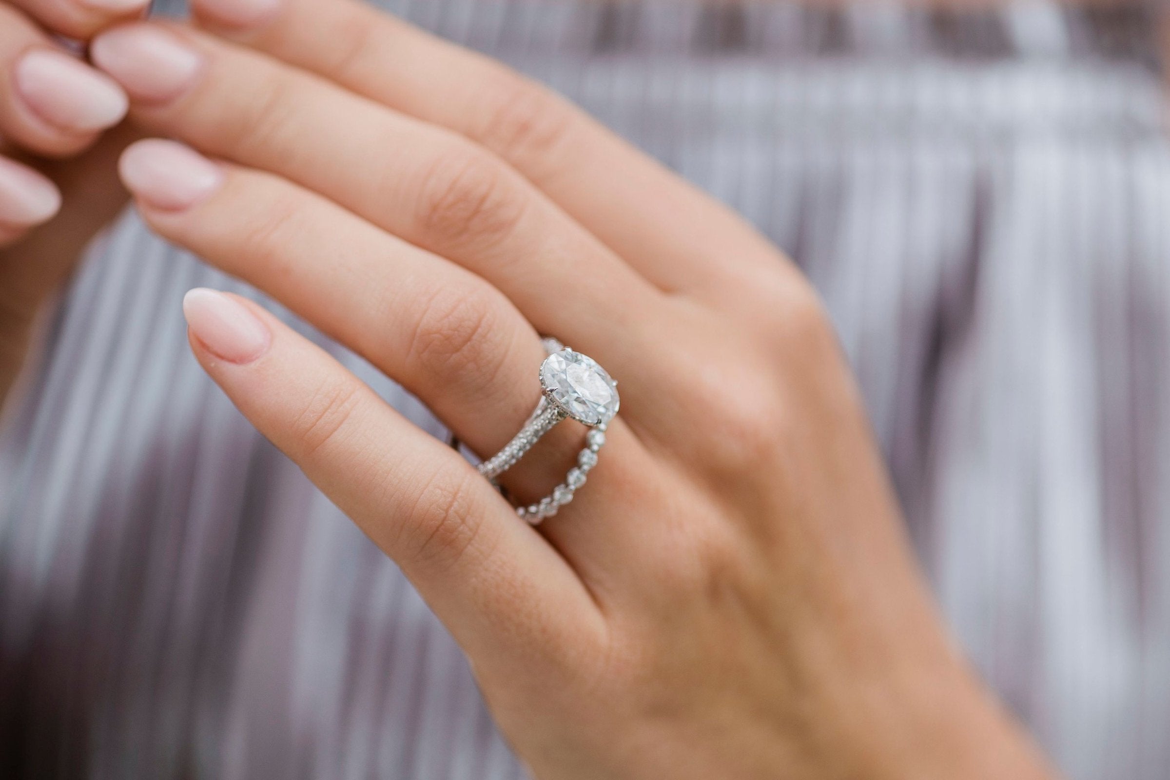 3.40CT Elongated Oval Moissanite Hidden Halo Triple Pave Setting Engagement Ring