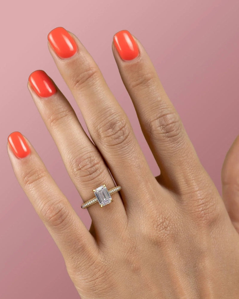 2.0 -4.0 CT Emerald Shape Hidden Halo & Triple Pave Engagement Ring