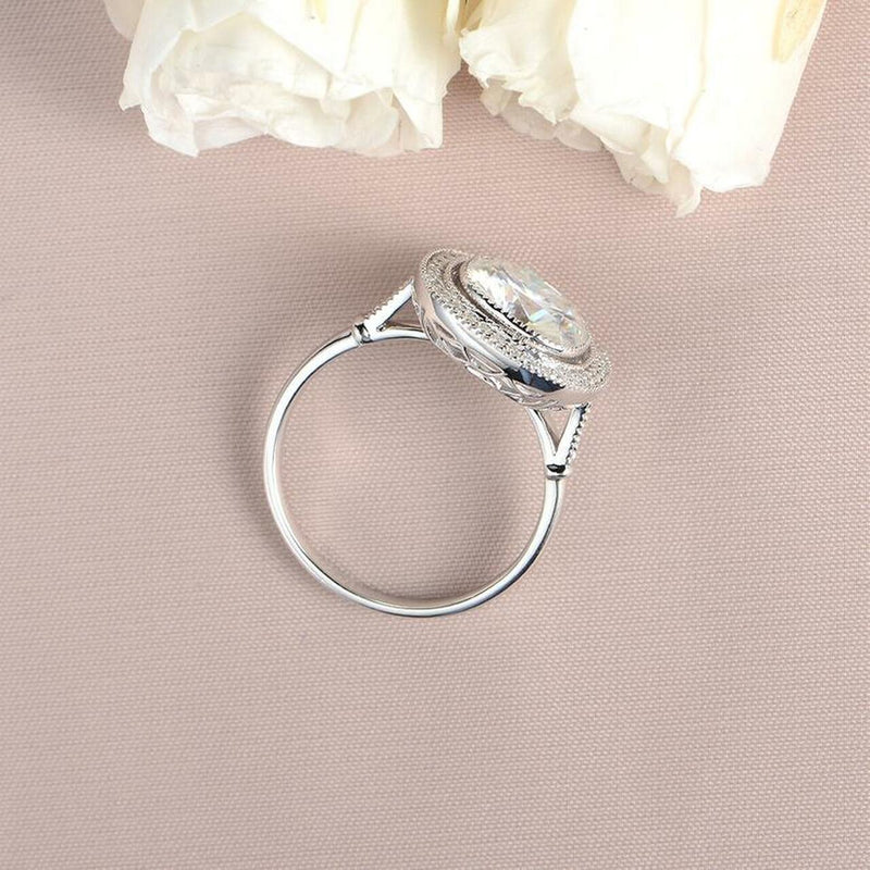 2.40CT Cushion Cut Moissanite Unique Halo Engagement Ring