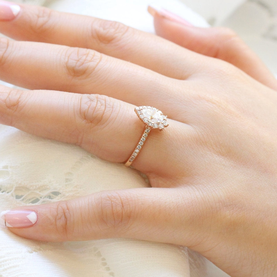 1.0CT Pear Halo Style Pave Setting Moissanite Engagement Ring