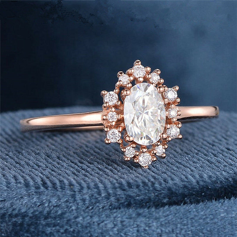 1.0CT Oval Cut Cluster Halo Style Moissanite Engagement Ring