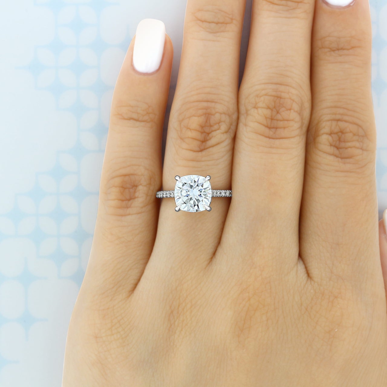 2.8CT Cushion Moissanite Hidden Halo Pave Setting Engagement Ring